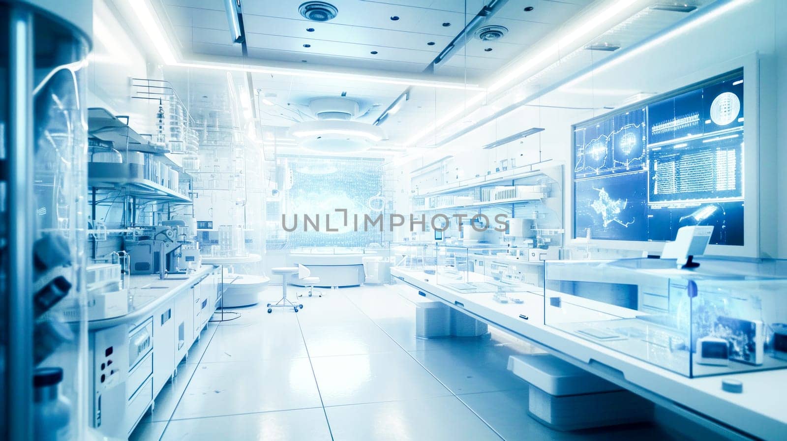 Modern lab with advanced digital screens and white, sterile equipment.