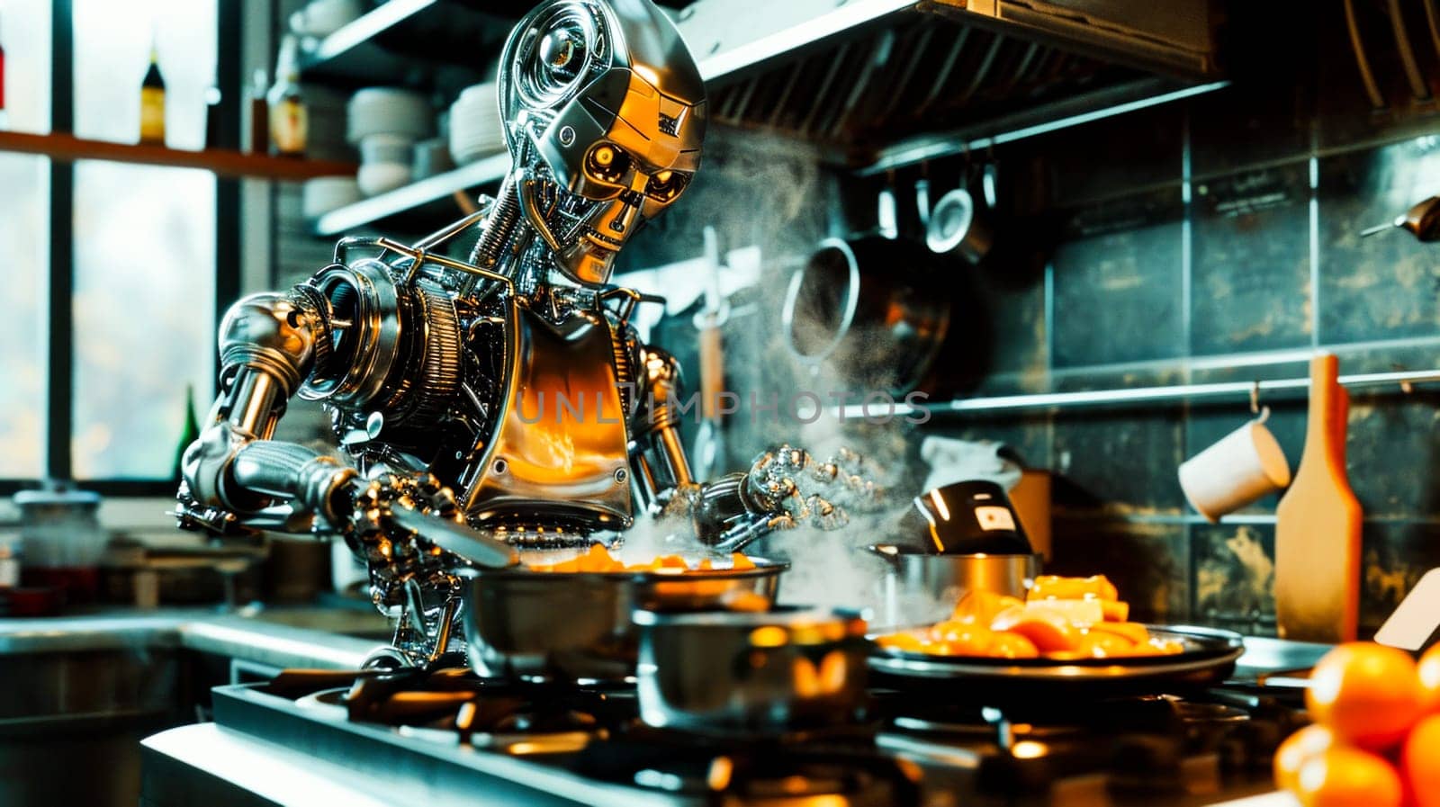 Metallic robot cooking in a steamy kitchen setting