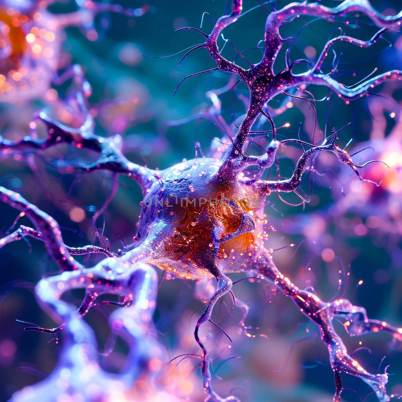 neuron cell connections.Detailed neuron cells network, synaptic and electrical activity.