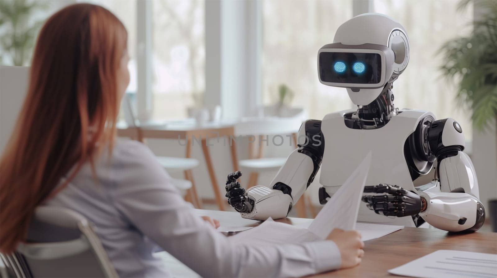 AI and Human Collaboration at Work. A futuristic robot with documents talks to a business woman.