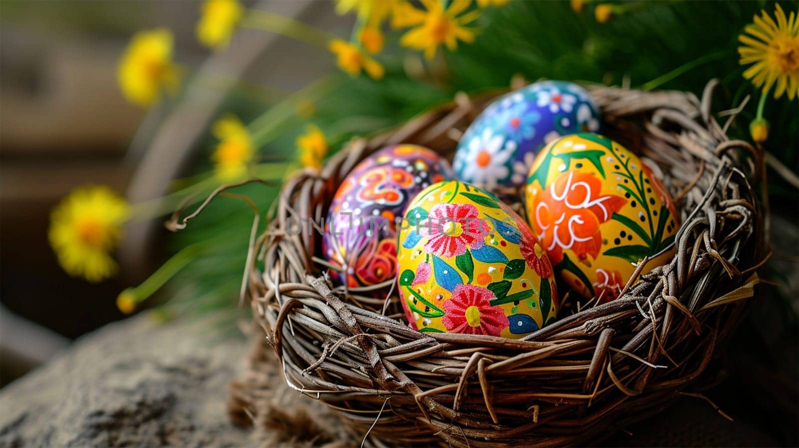 Vibrantly painted Easter eggs nestled in a rustic basket.