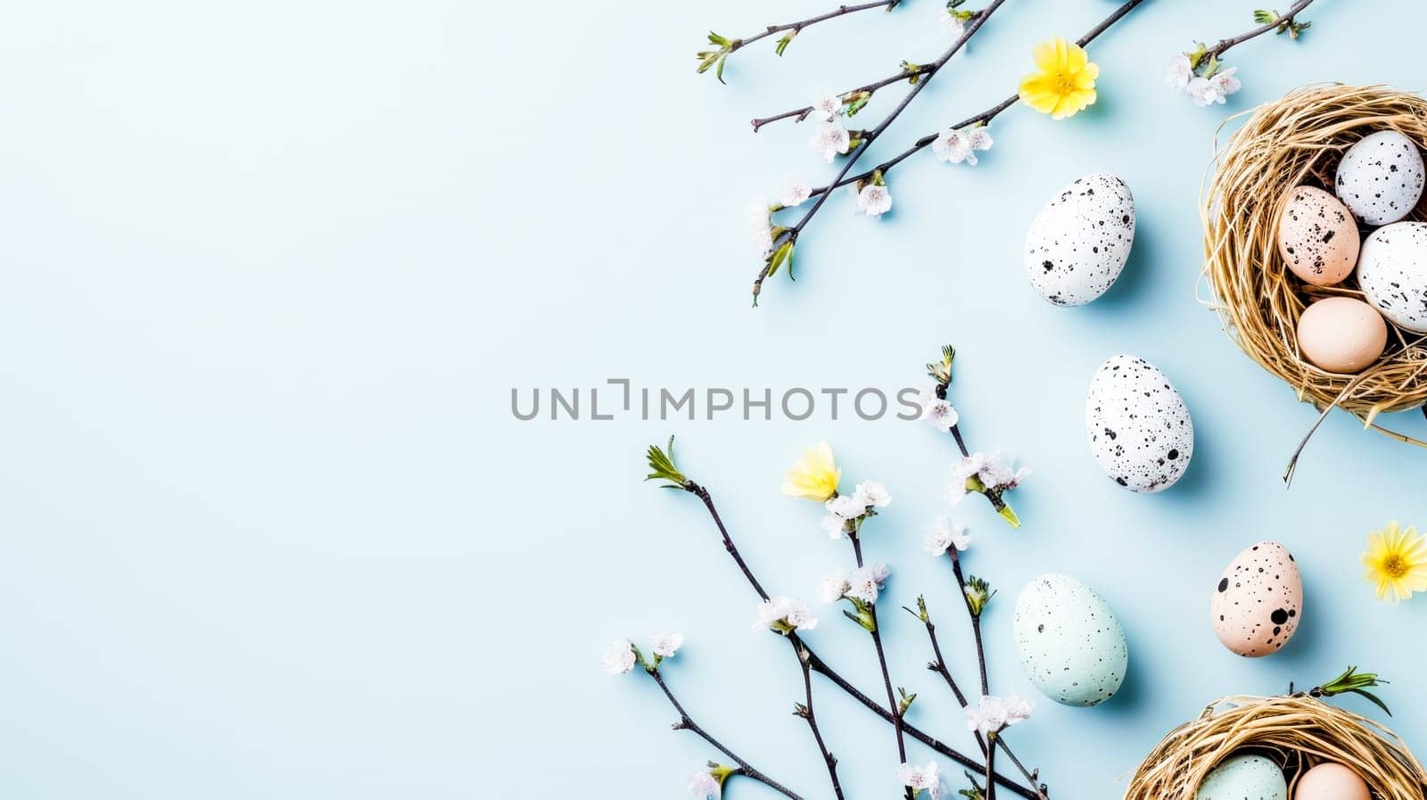 Easter eggs and cherry blossoms in pastel colors on a soft blue background , space for text