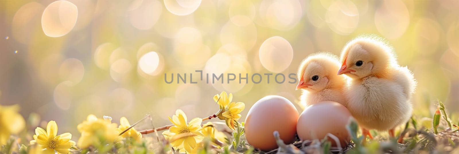Chickens among eggs on the sunlit grass on a farm.