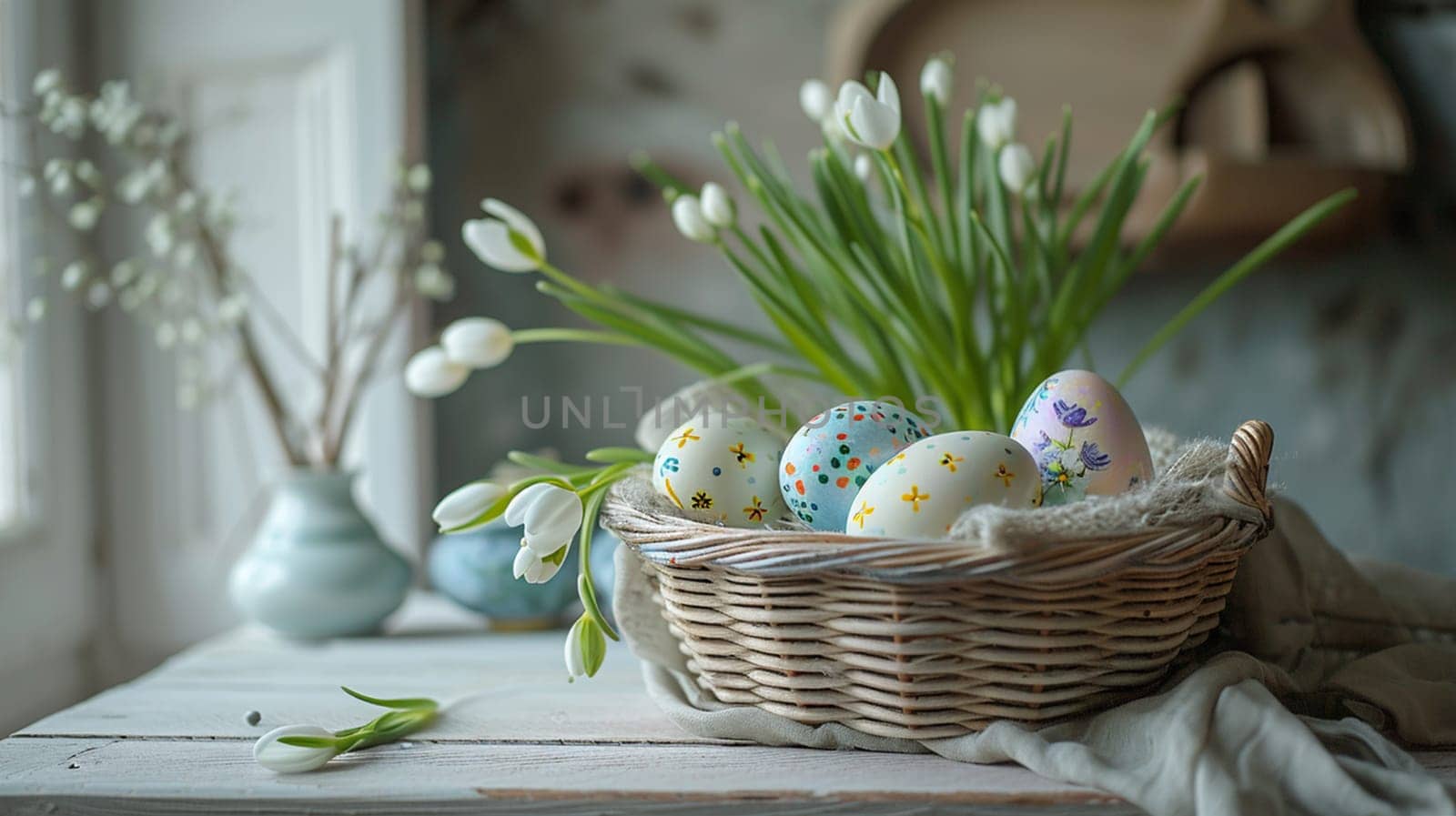 A woven basket holds pastel-colored Easter eggs nestled among fresh snowdrops on a kitchen windowsill