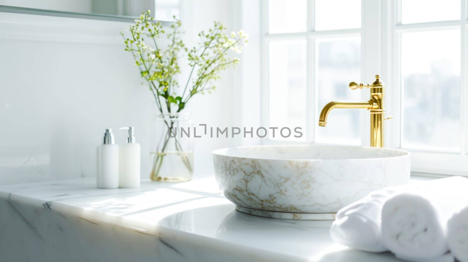 A luxurious marble sink with a golden faucet, beside a window with natural light.