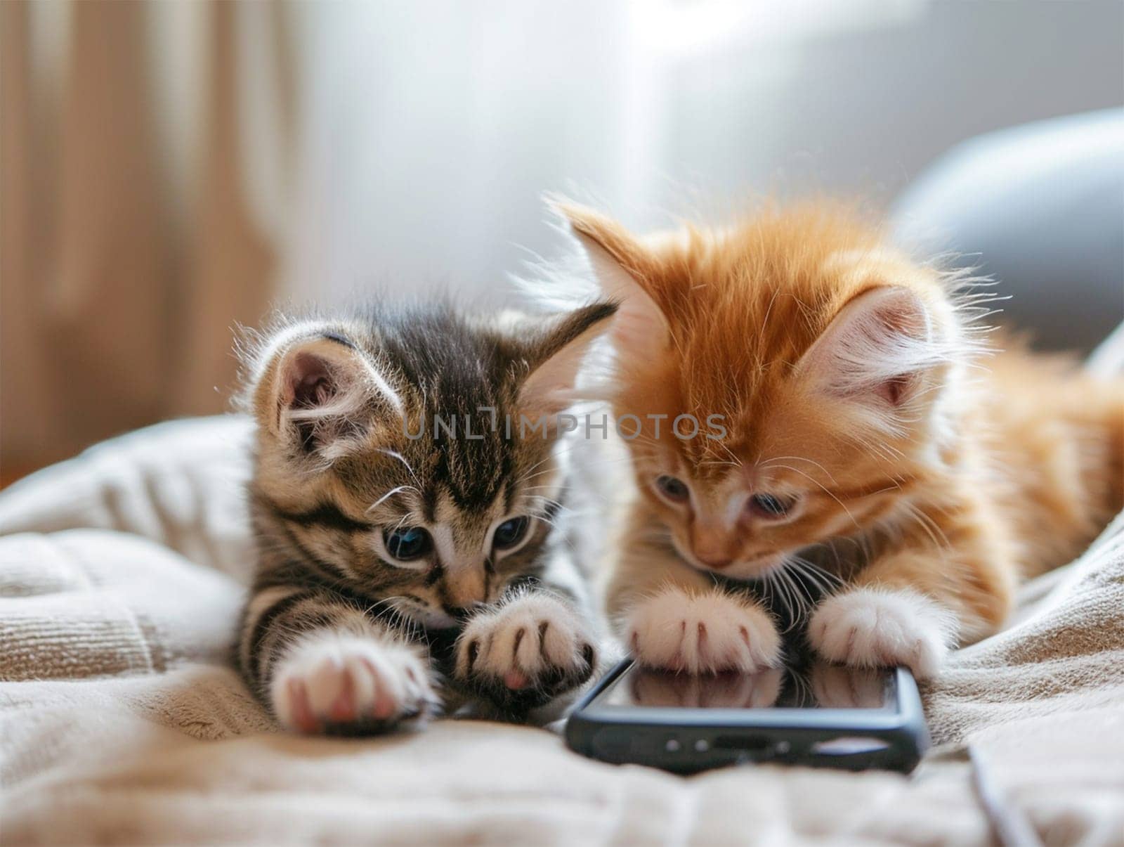 Two curious kittens pawing at a smartphone.