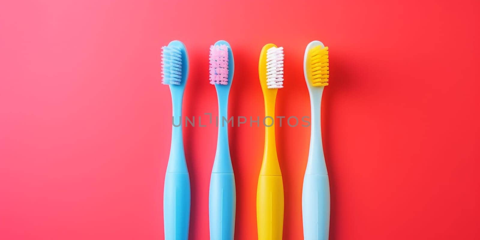 Colorful Toothbrushes Lined Up on Red Background. Four vibrant toothbrushes in a row on a striking red background, representing dental hygiene and family care.