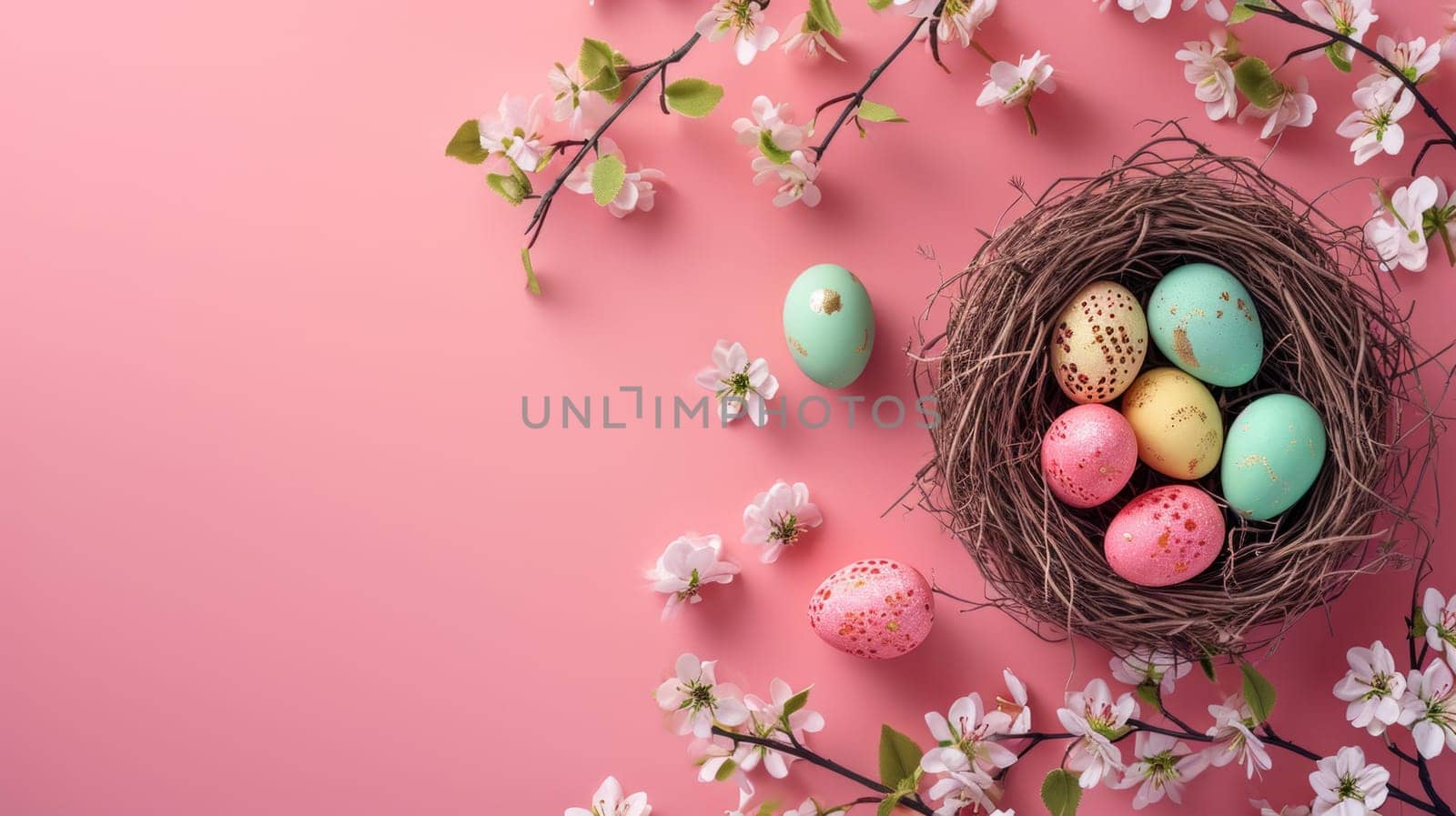Colorful Easter eggs in a nest, surrounded by delicate spring flowers on a pink backdrop.
