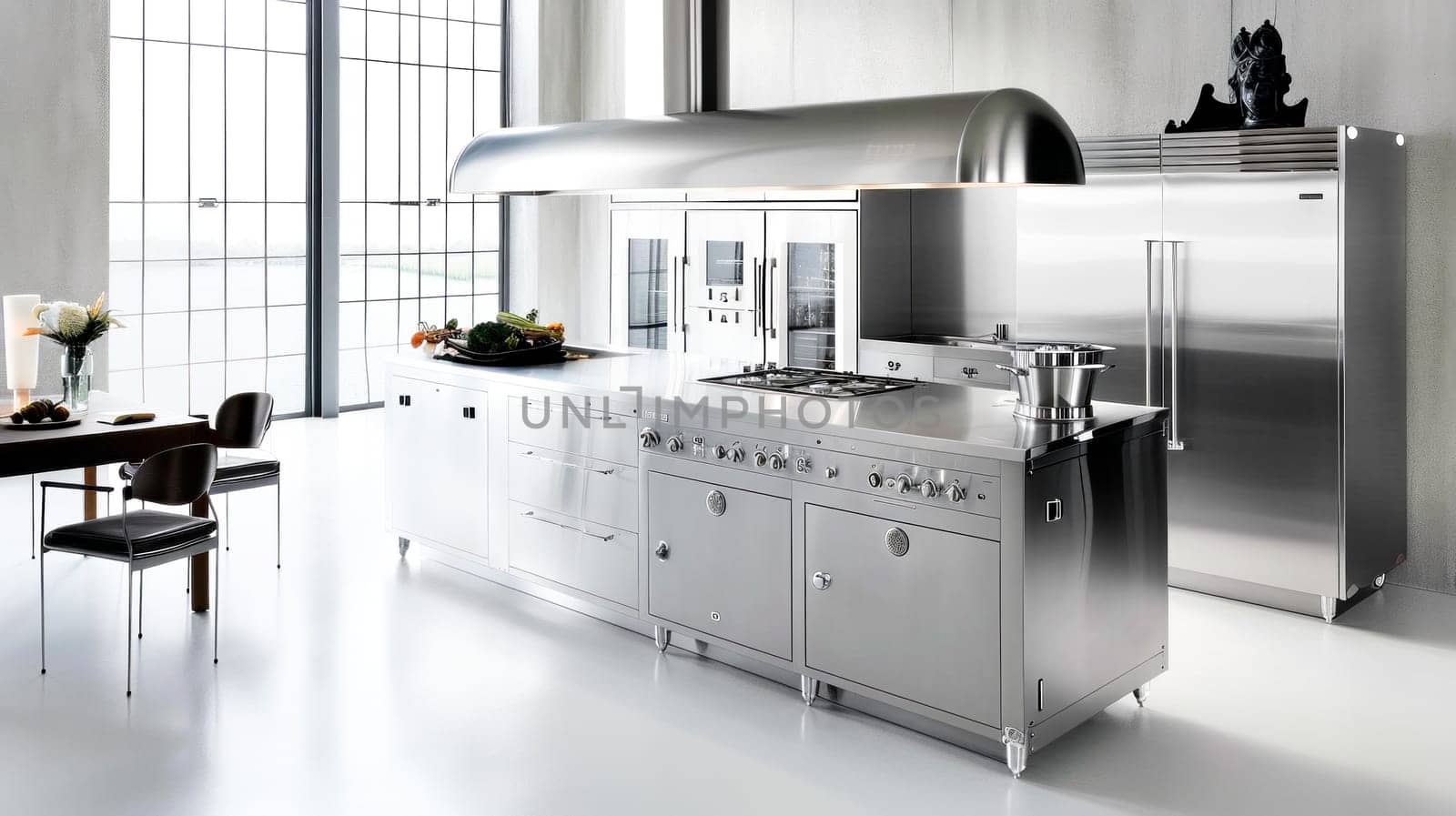 Luxurious professional kitchen with stainless steel appliances and expansive windows.