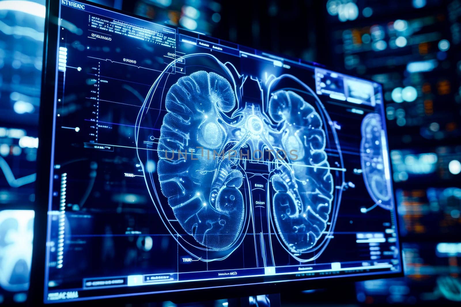 High-tech medical imaging screen showing detailed kidney MRI scans.