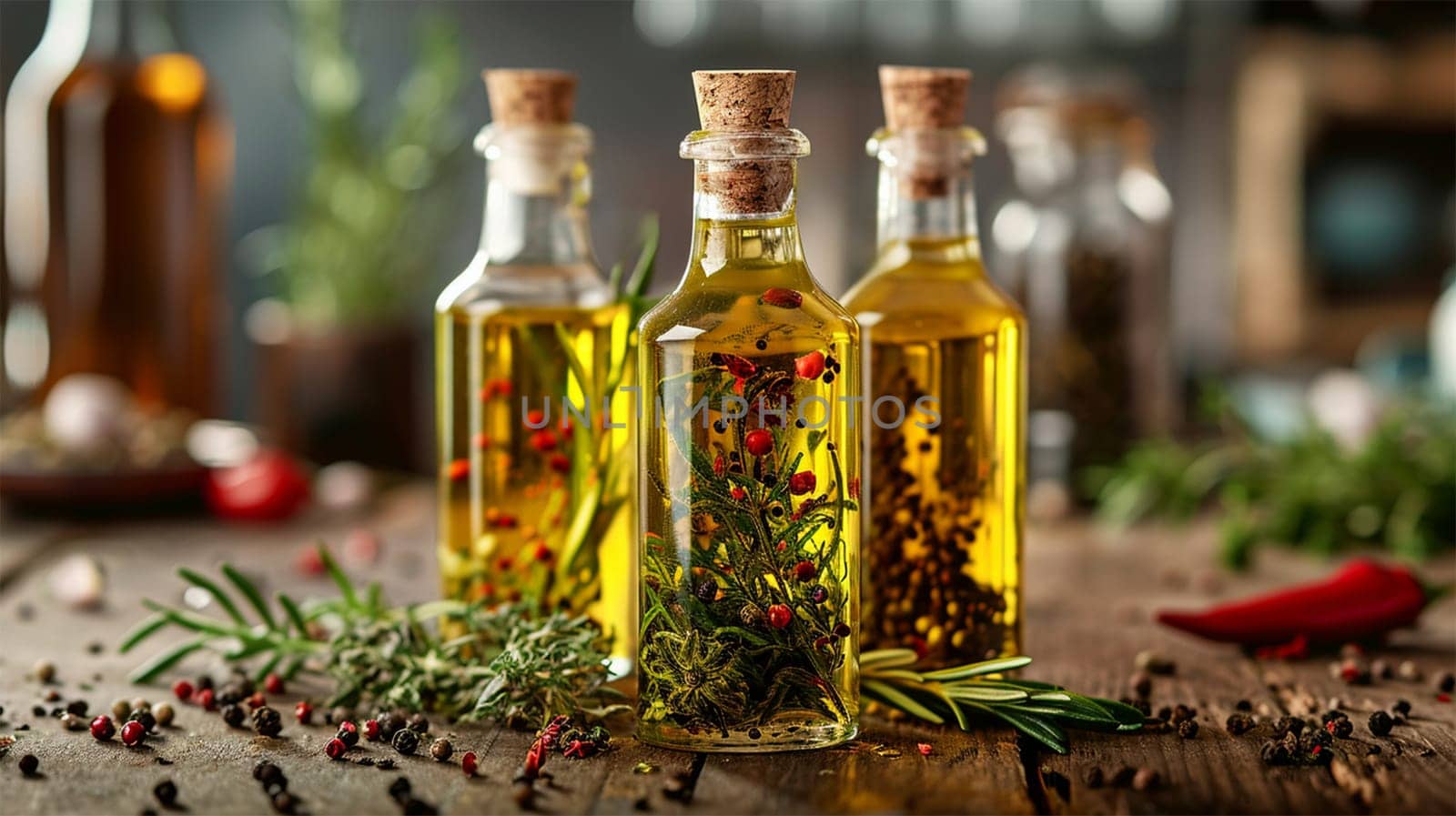 olive oils with herbs and pepper in bottles, on a wooden table