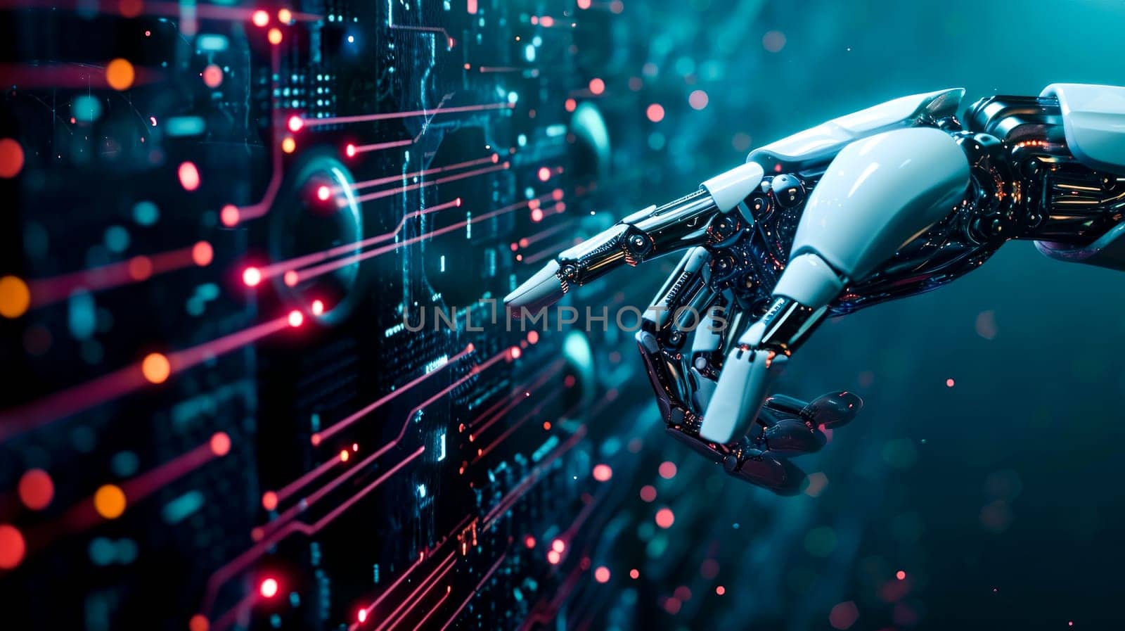 A robotic arm with intricate circuitry engages with glowing data streams.