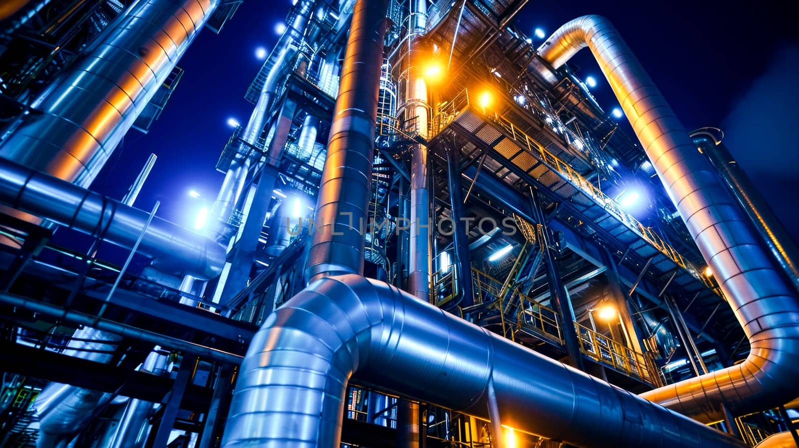 Futuristic Industrial Pipelines. A complex network of pipes and structures in an industrial setting, illuminated by blue light