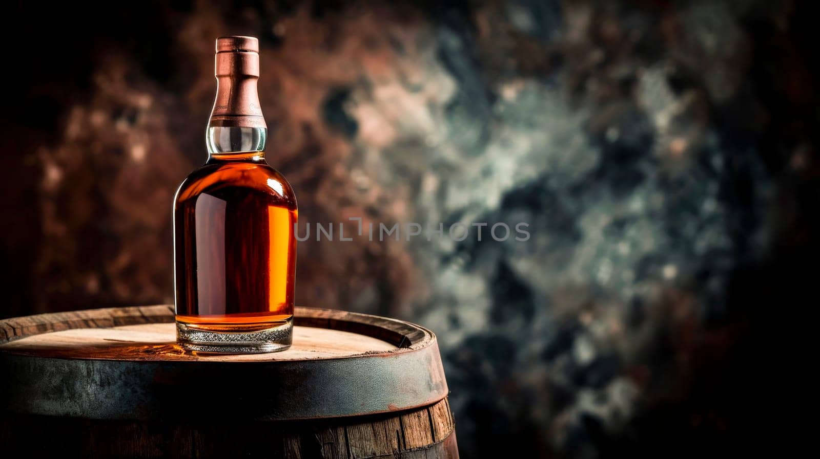 Premium whiskey in a bottle atop an oak barrel, with a blurred stony backdrop.