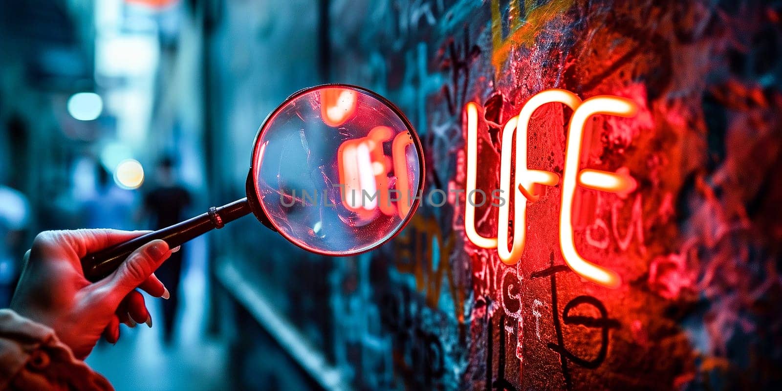 A magnifying glass focuses on a neon sign with the word 'LIFE', set against a gritty urban wall filled with graffiti. Wall art, urban exploration themes, background for creative projects.
