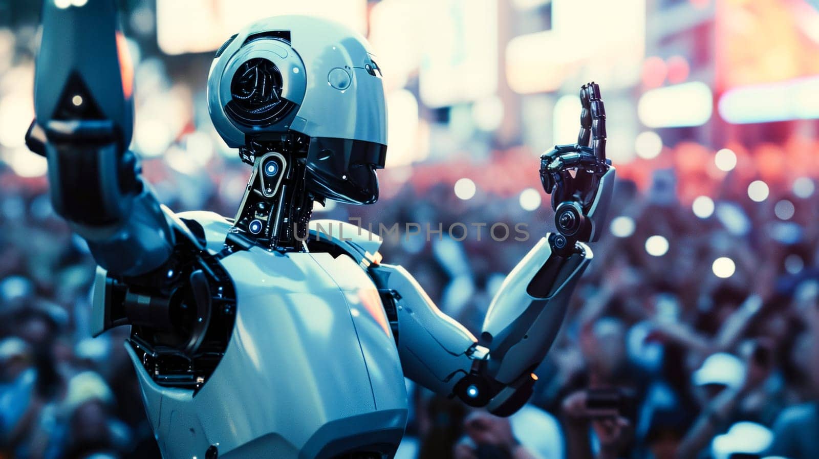 Futuristic robot speaking at a rally with a spotlight shining on it.Robot in Spotlight.
