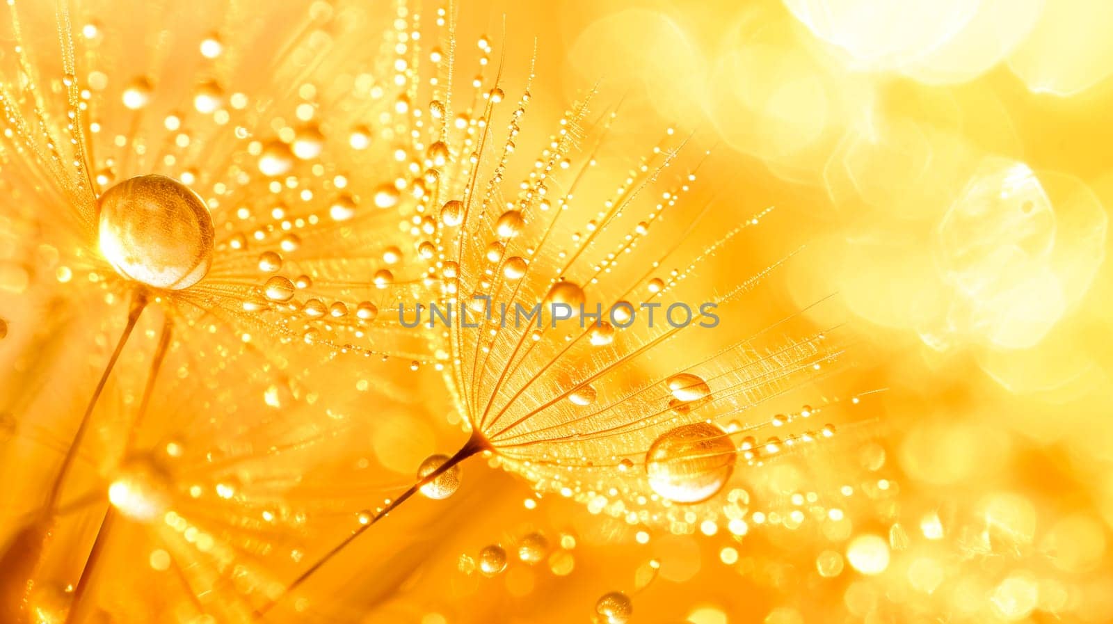 Golden Dewdrops on Dandelion Seeds.Sunlit dandelion seeds with dewdrops.
