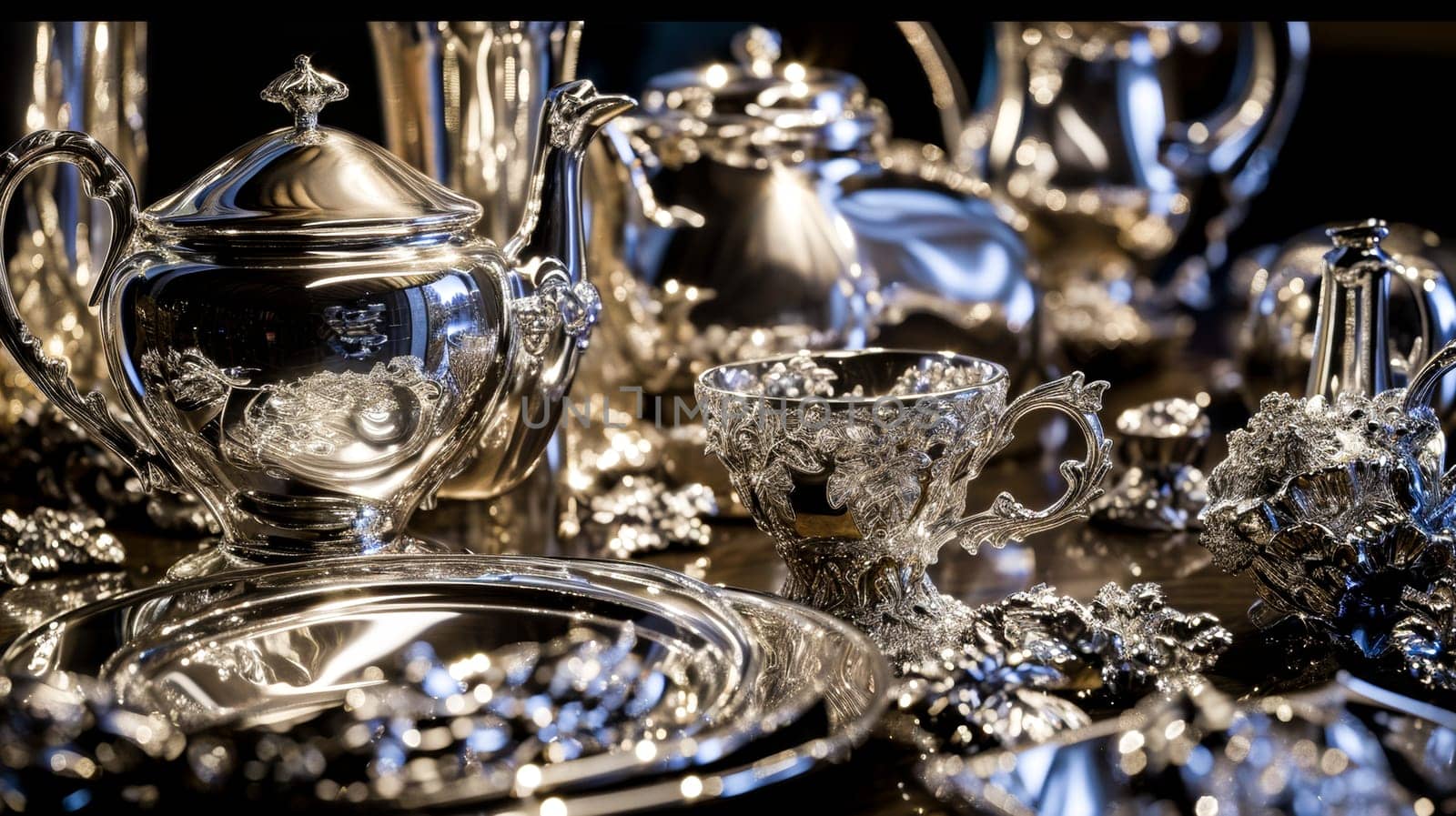A luxurious collection of polished antique silverware, intricately designed, elegantly displayed with reflections. luxury product marketing, or sophisticated interior decor imagery.