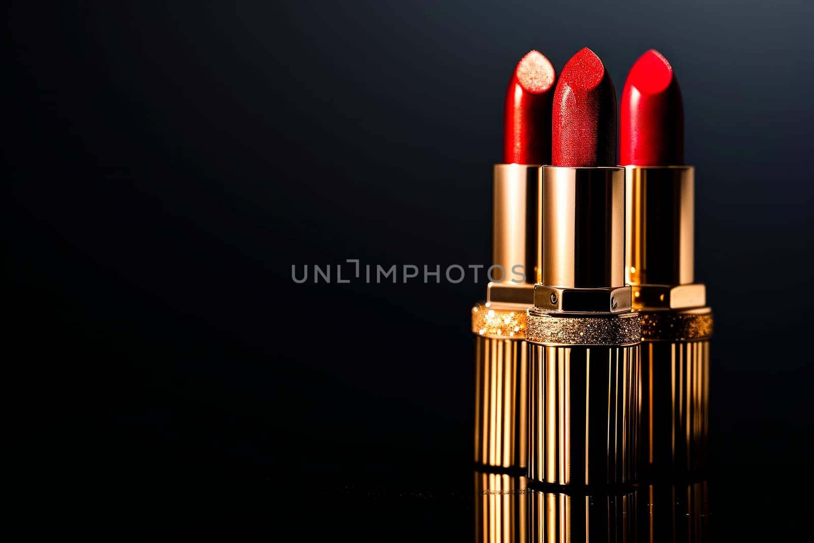 A trio of red lipsticks on a base in gold glitter cases.