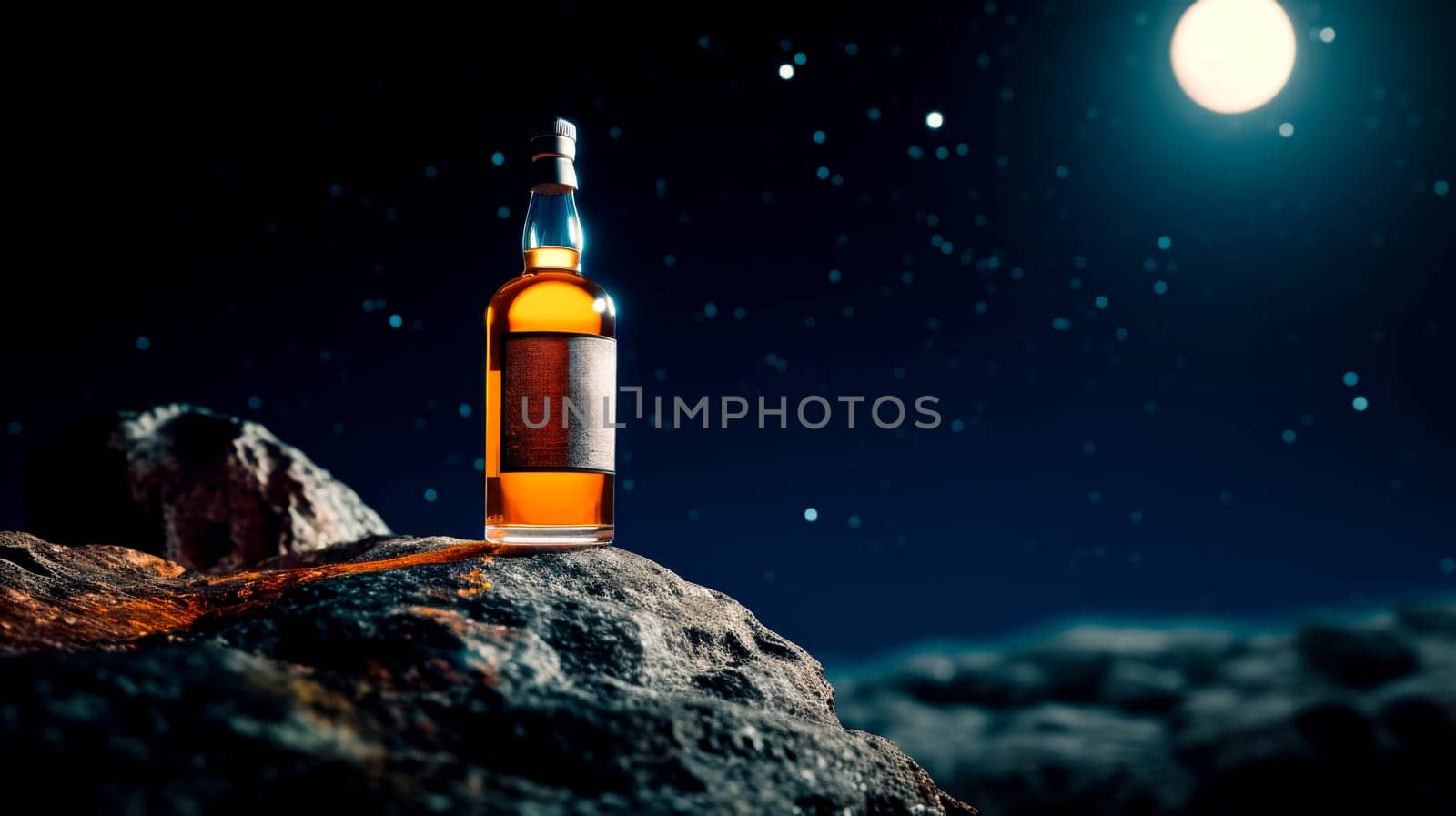 illuminated by a beam A bottle of whiskey stands on a stone at night, against the backdrop of the top of the moon