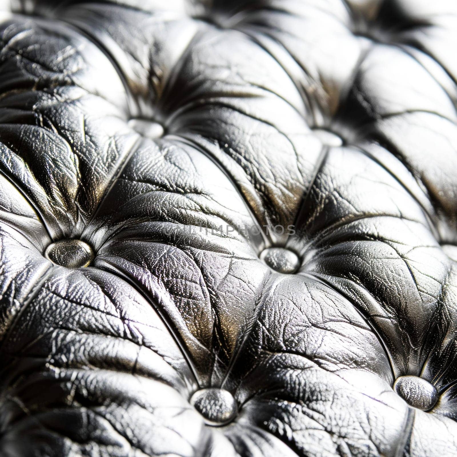 Close-up of silver leather upholstery with intricate buttons.Luxurious Leather Tufting. Ideal for interior design elements, luxury goods marketing or fashion design materials.