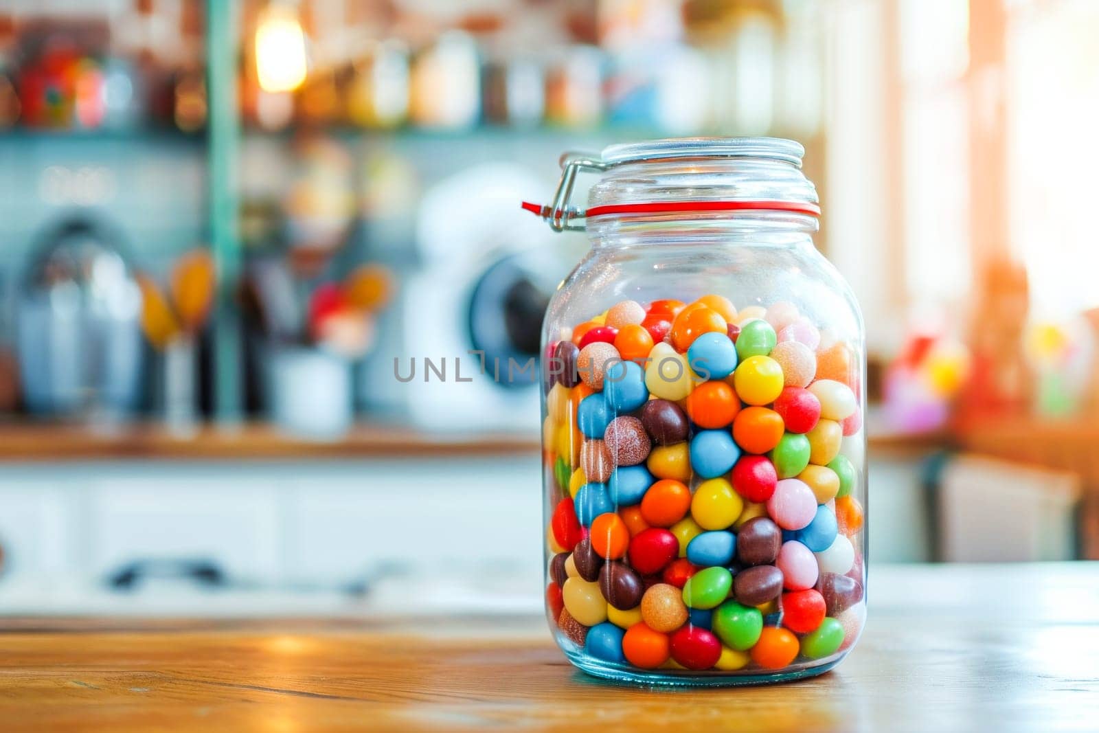 sweets in a glass jar on the table against the background of a blurred image of the kitchen