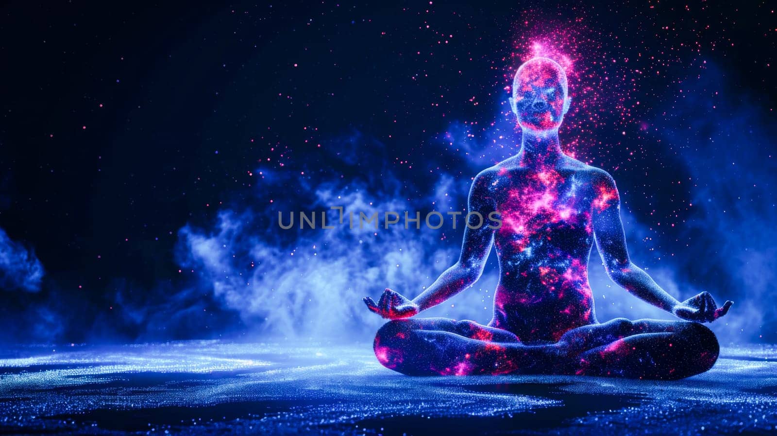 A human silhouette meditating in cosmos with stars, embodying tranquility.