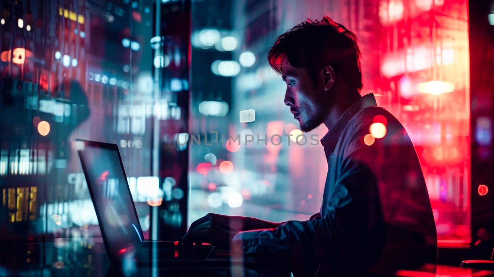 A man works on his laptop, illuminated by the neon glow of a bustling cityscape at night. well-suited for articles on urban life, technology in modern society, and the concept of the work-life balance