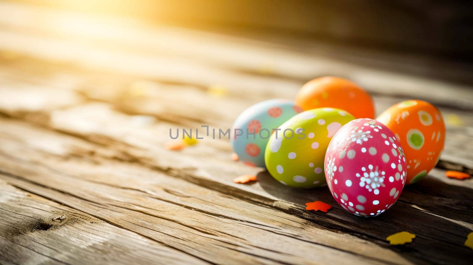 Painted Easter eggs with vibrant patterns placed on rustic wooden planks in warm sunlight.