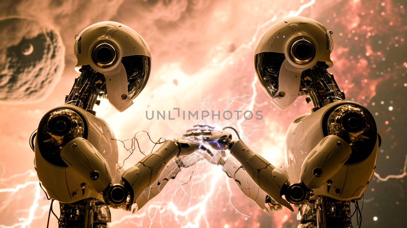 Two humanoid robots with dynamic sparks between them against a celestial backdrop.