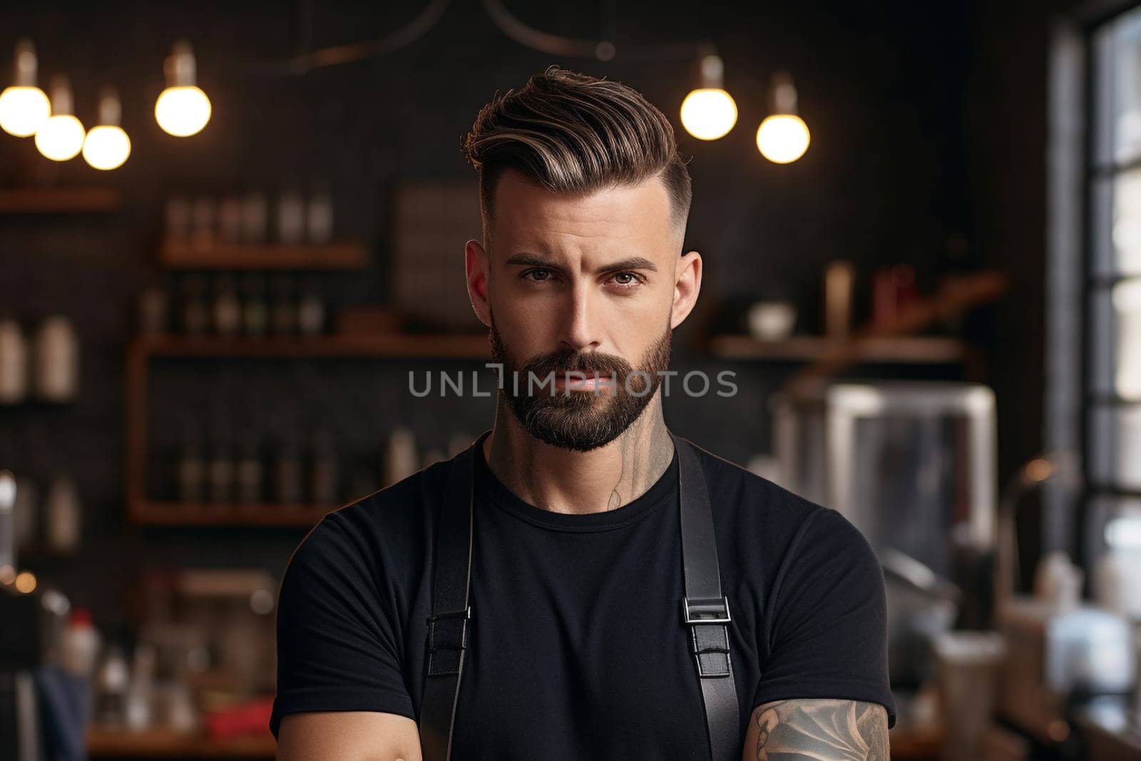 Bearded man with apron standing in a cafe