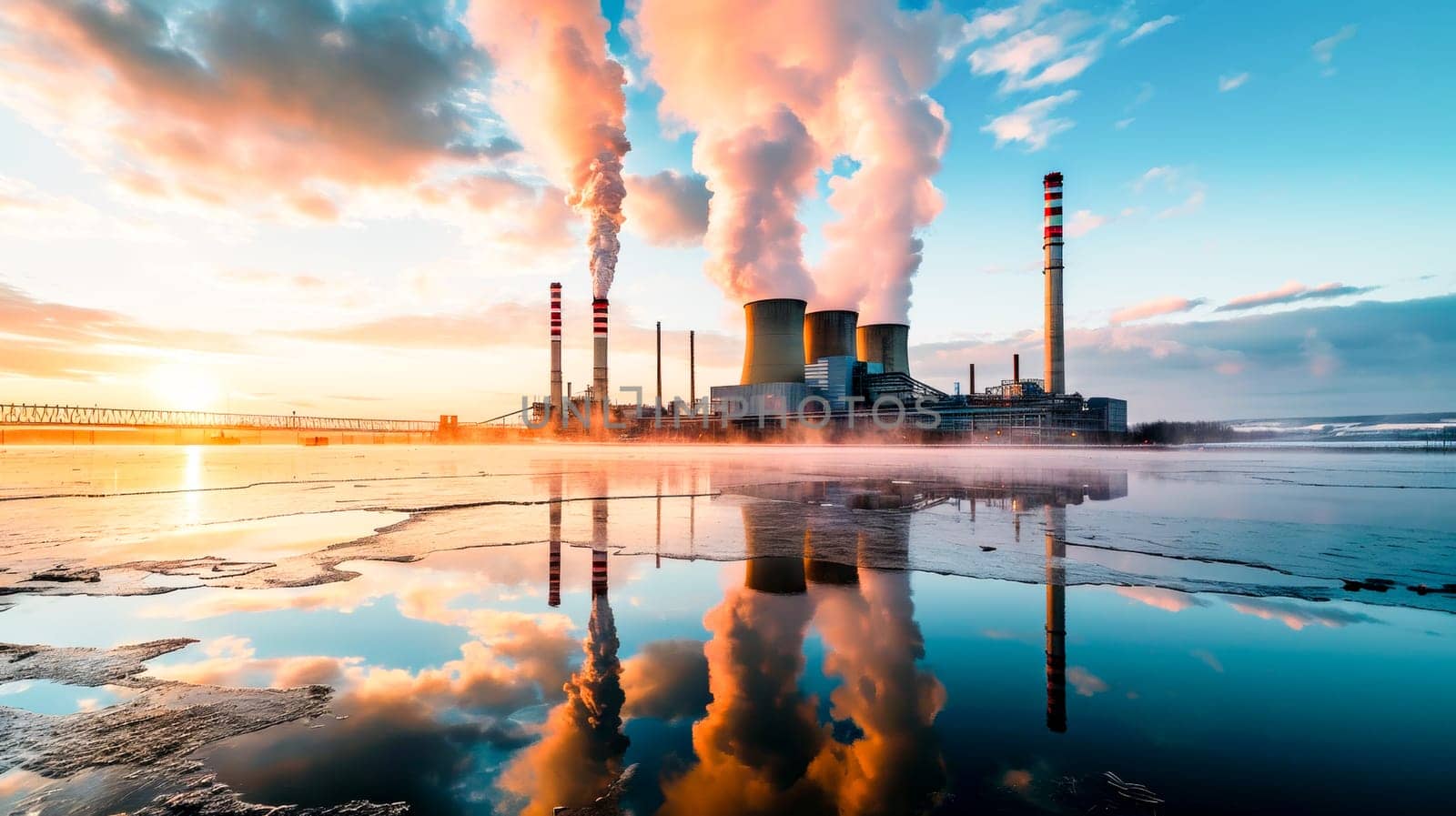 Golden Hour illuminates the power plant and its mirror image on the water with a serene glow, combining industry and nature. concept of environmental impact, climate change and energy production.