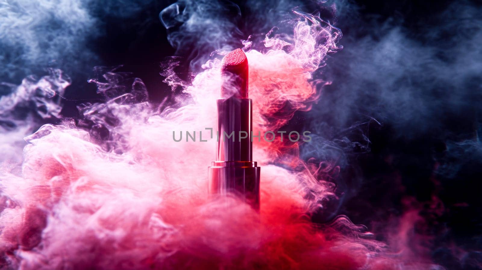 Lipstick emerging from ethereal pink smoke.