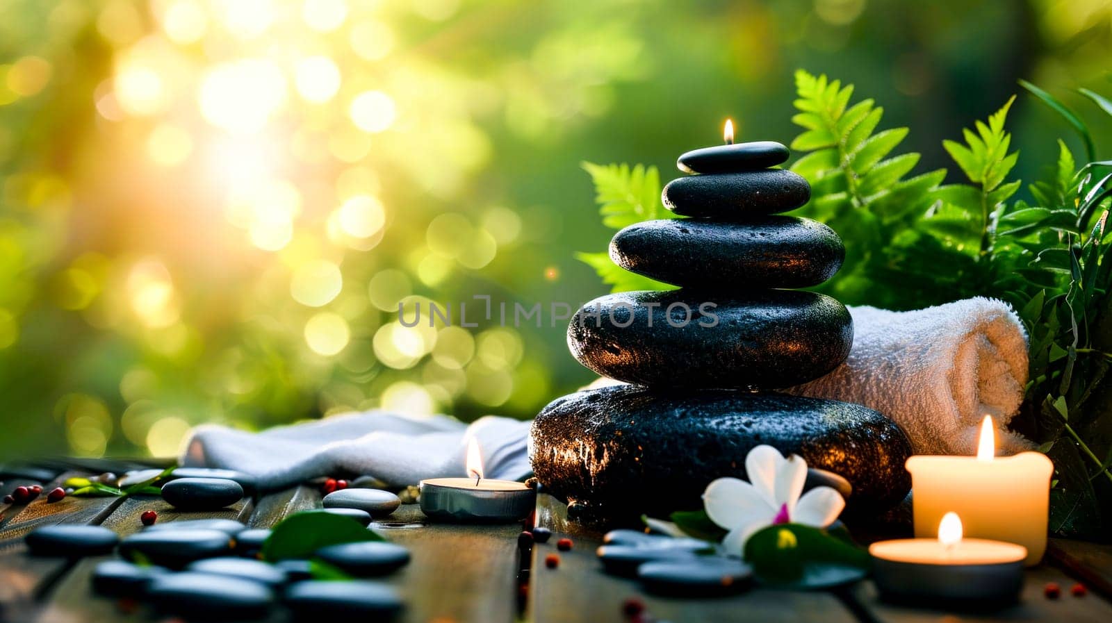 Spa concept with Zen stones, towel, and candle in a tranquil forest.