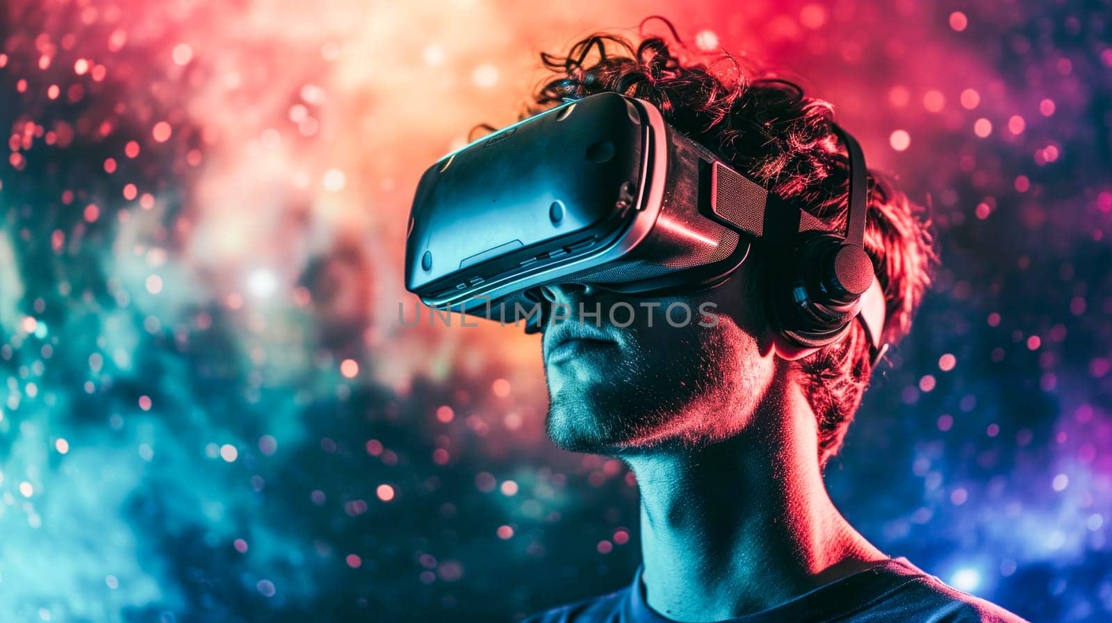 A person in a headset immersed in a vibrant cosmic environment, exploring virtual reality.