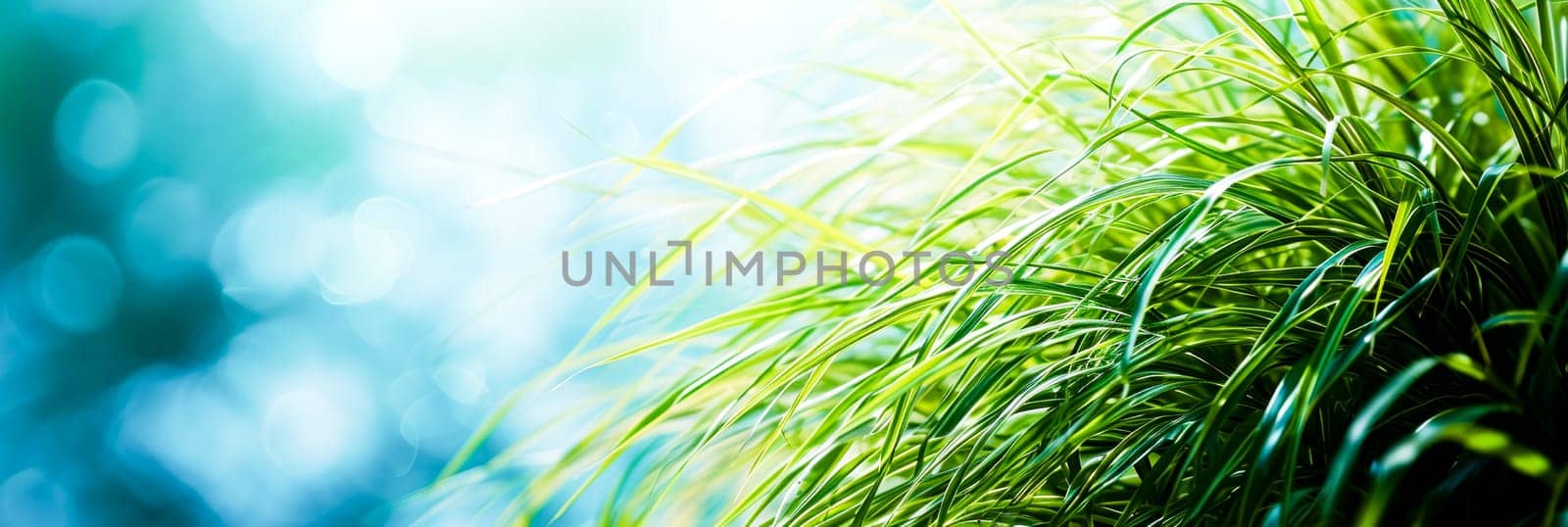 A close-up of vibrant green grass with a soft, blurred bokeh effect. Great for environmental or green-living themes