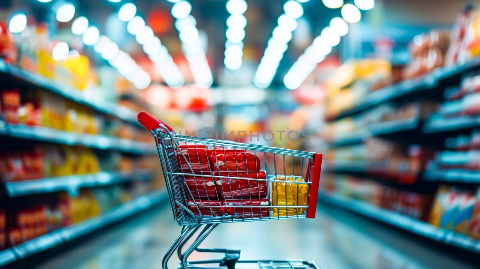 Shopping Cart against a blurred supermarket background.