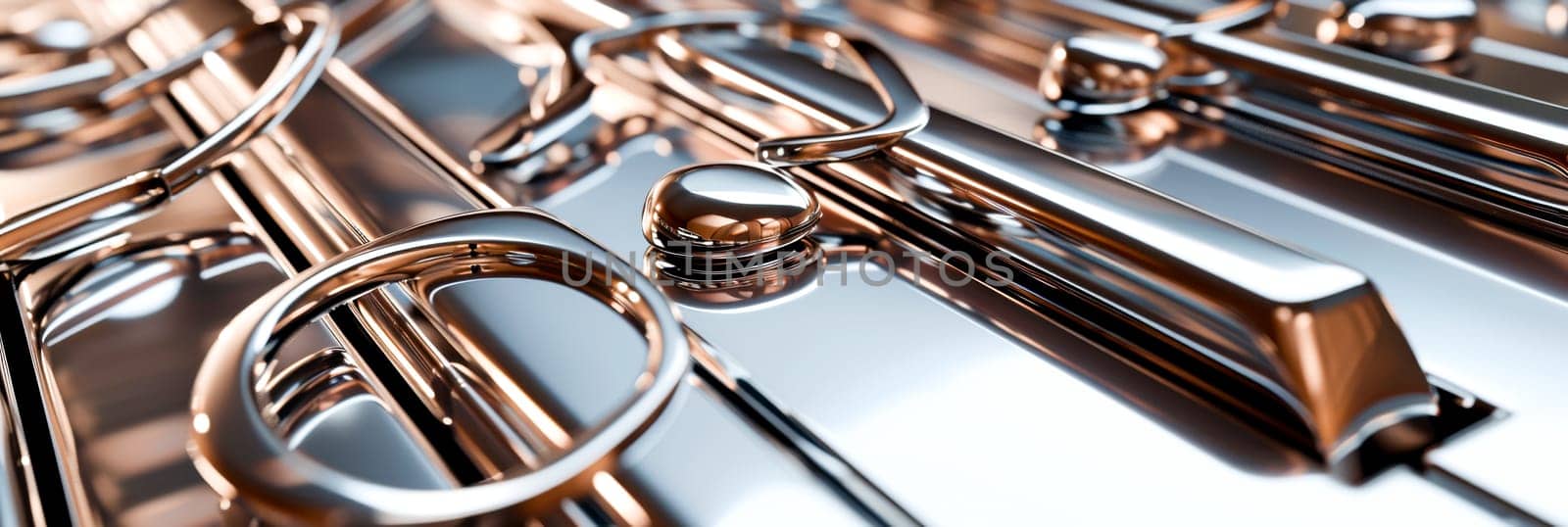 Metal Symphony. An array of metallic objects with reflective surfaces creating an industrial panorama.musical background