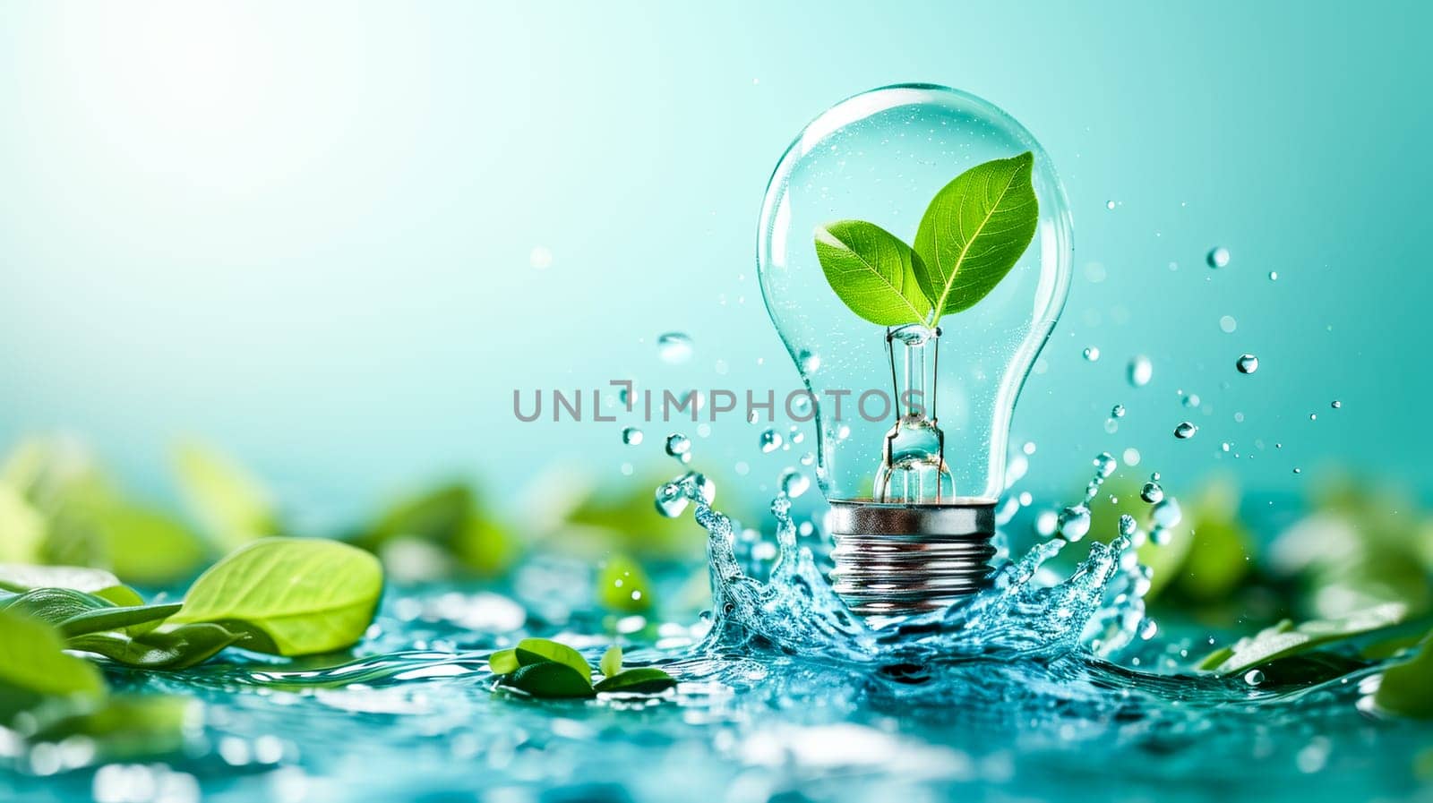 A light bulb with green leaves and splashing water, symbolizing eco-friendly ideas. for environmental campaigns or eco-friendly concept illustrations