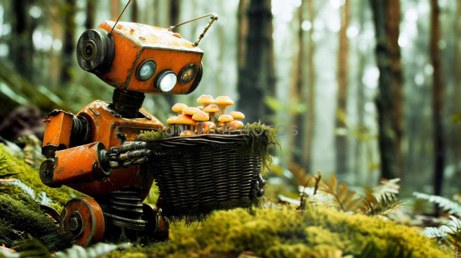 A charming robot with a basket of mushrooms in a misty forest setting .Great for storytelling or thematic art