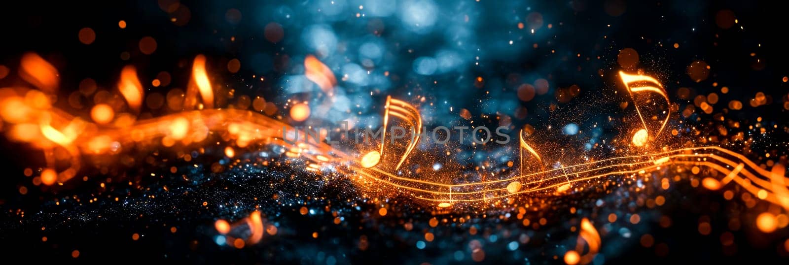 A digital image of sparkling musical notes and light waves, reminiscent of a cosmic musical event or music lyrics.