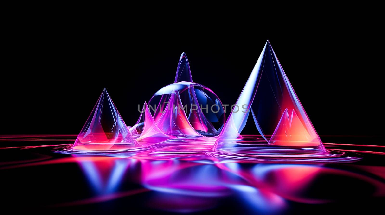 Prismatic crystals rise from reflective waters, casting pink and blue hues.abstract background