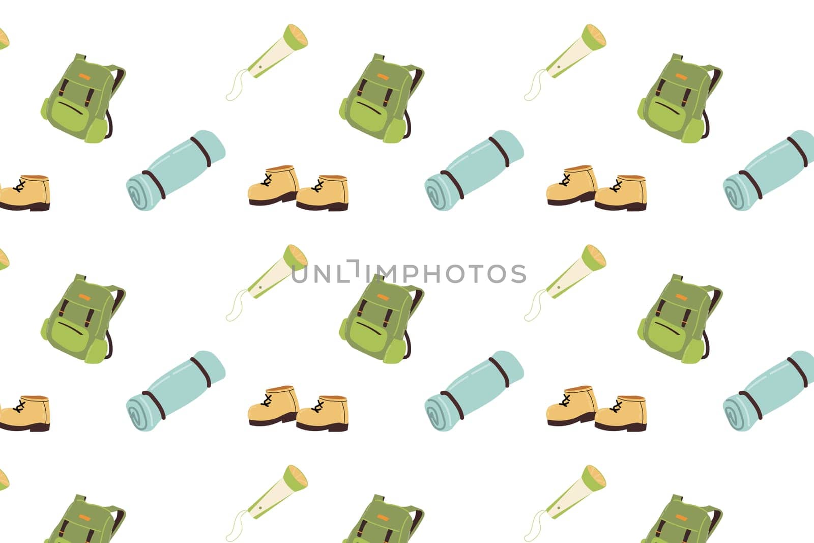 Hand drawn summer camping equipment seamless pattern. Vector illustration can used for childish wallpaper, wrapping paper, textile, poster, bedclothes.