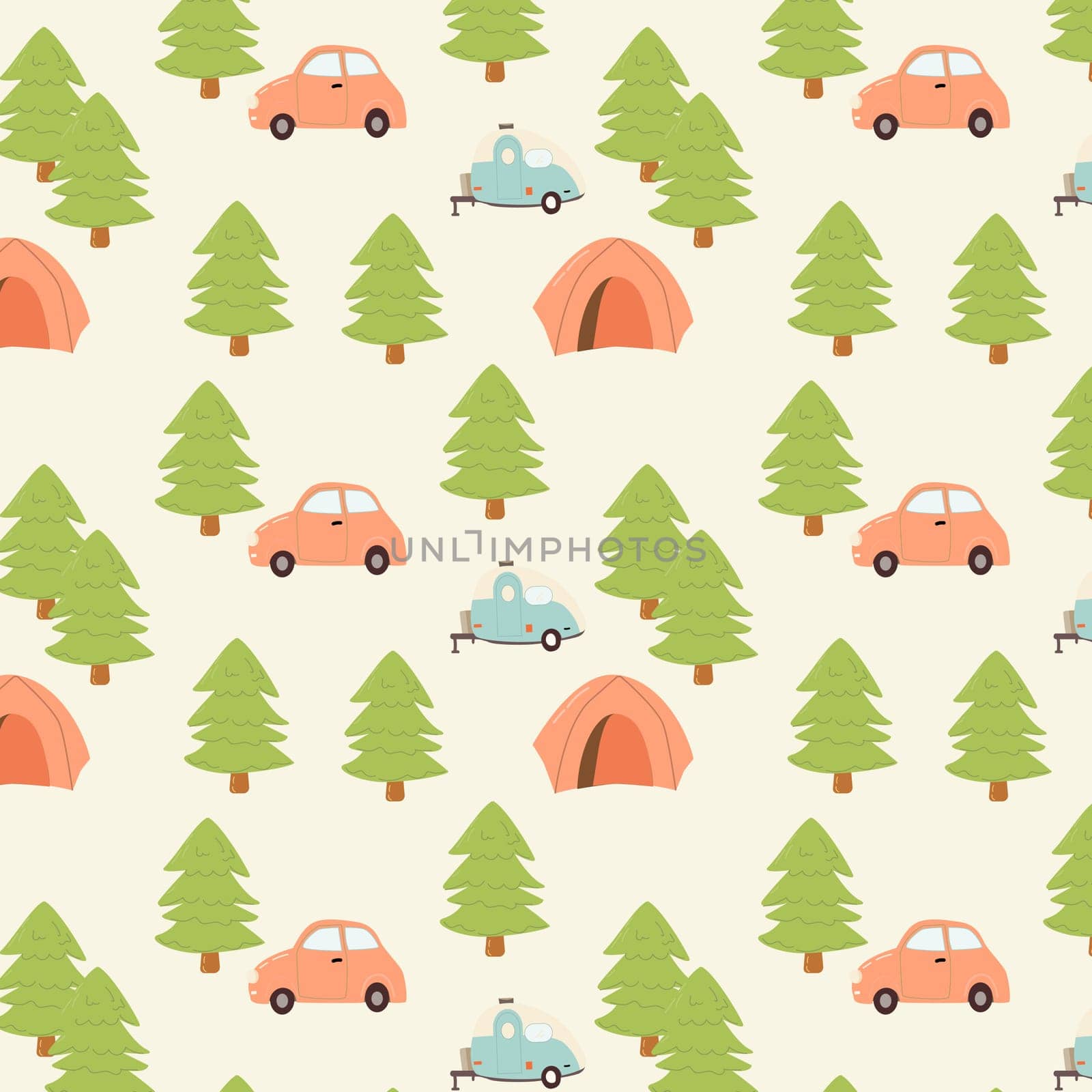 Hand drawn kids adventure expedition seamless pattern. Vector illustration can used for bedclothes, textile, wallpapers. Cartoon camping equipment.