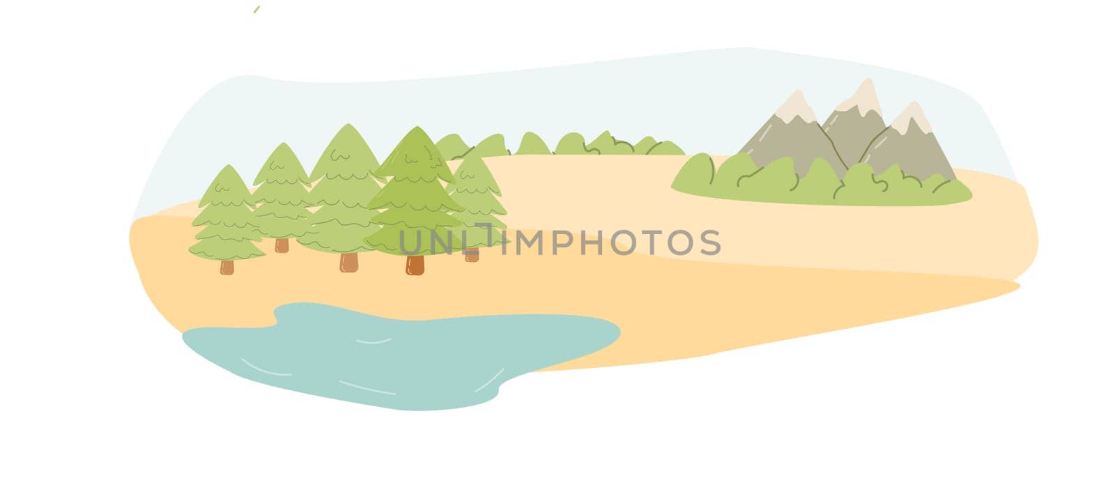 beautiful summer scenery of forest and mountain with lake landscape. Vector illustration for travel in nature concept.