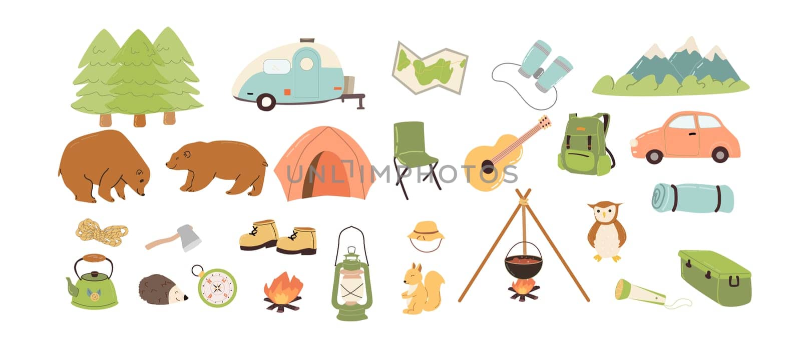 Hand drawn set of camp equipment with nature elements. Vector illustration can used for camp banner, greeting card, stickers.