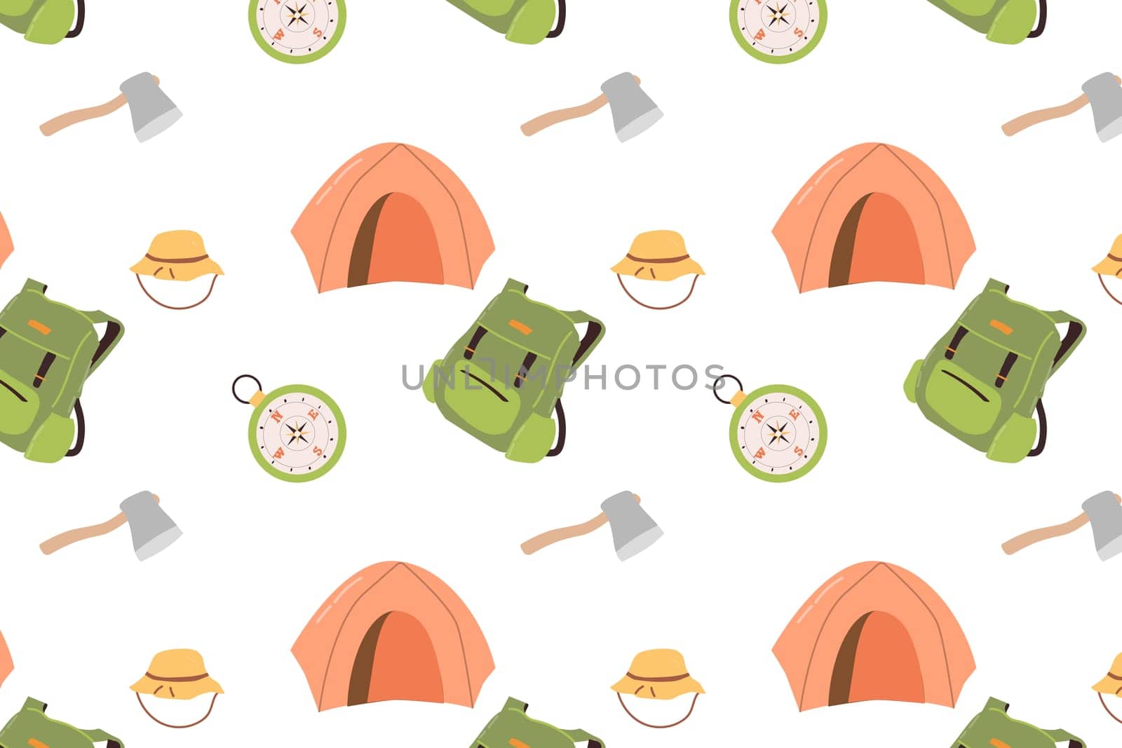 Hand drawn hiking seamless pattern for children adventure. Vector illustration for textile, poster, bedclothes, boys clothes.