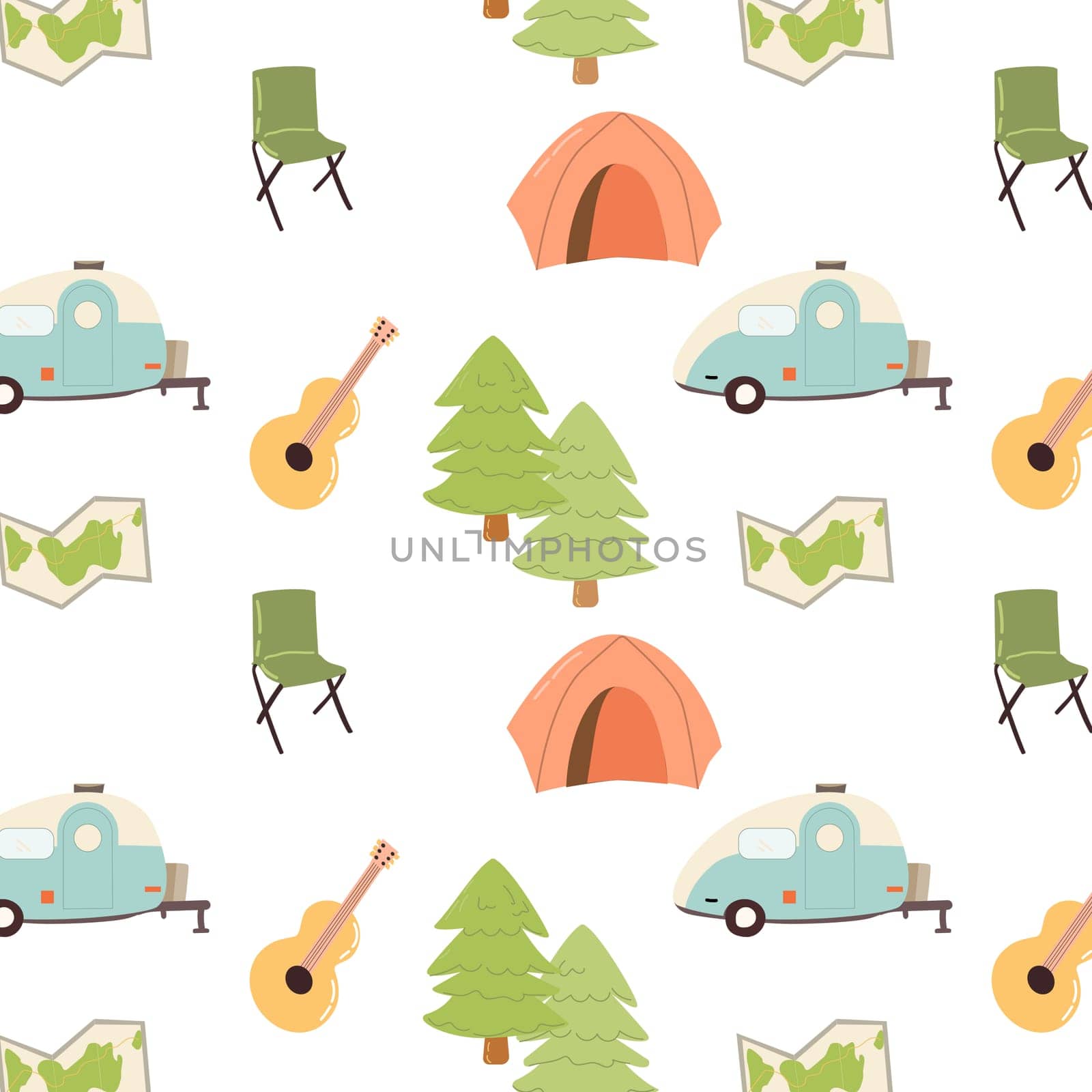 cute childish seamless pattern with camping trailer and tent. Vector illustration isolated. Can used for boys textile, poster, cartoon tent, trailer, guitar, chair, map, forest. Adventure background.