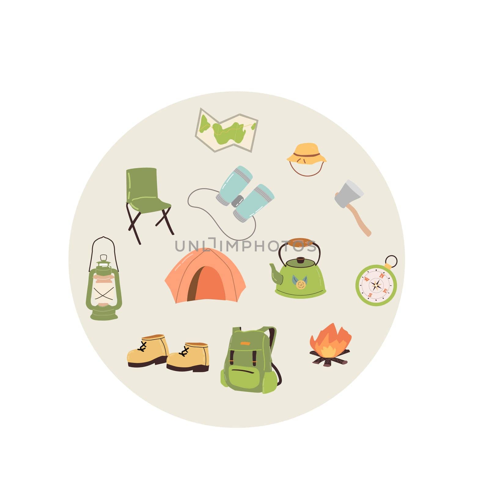 Round background of camp equipment. Vector illustration of backpack, kettle, tent. hiking boots, rope, fire.