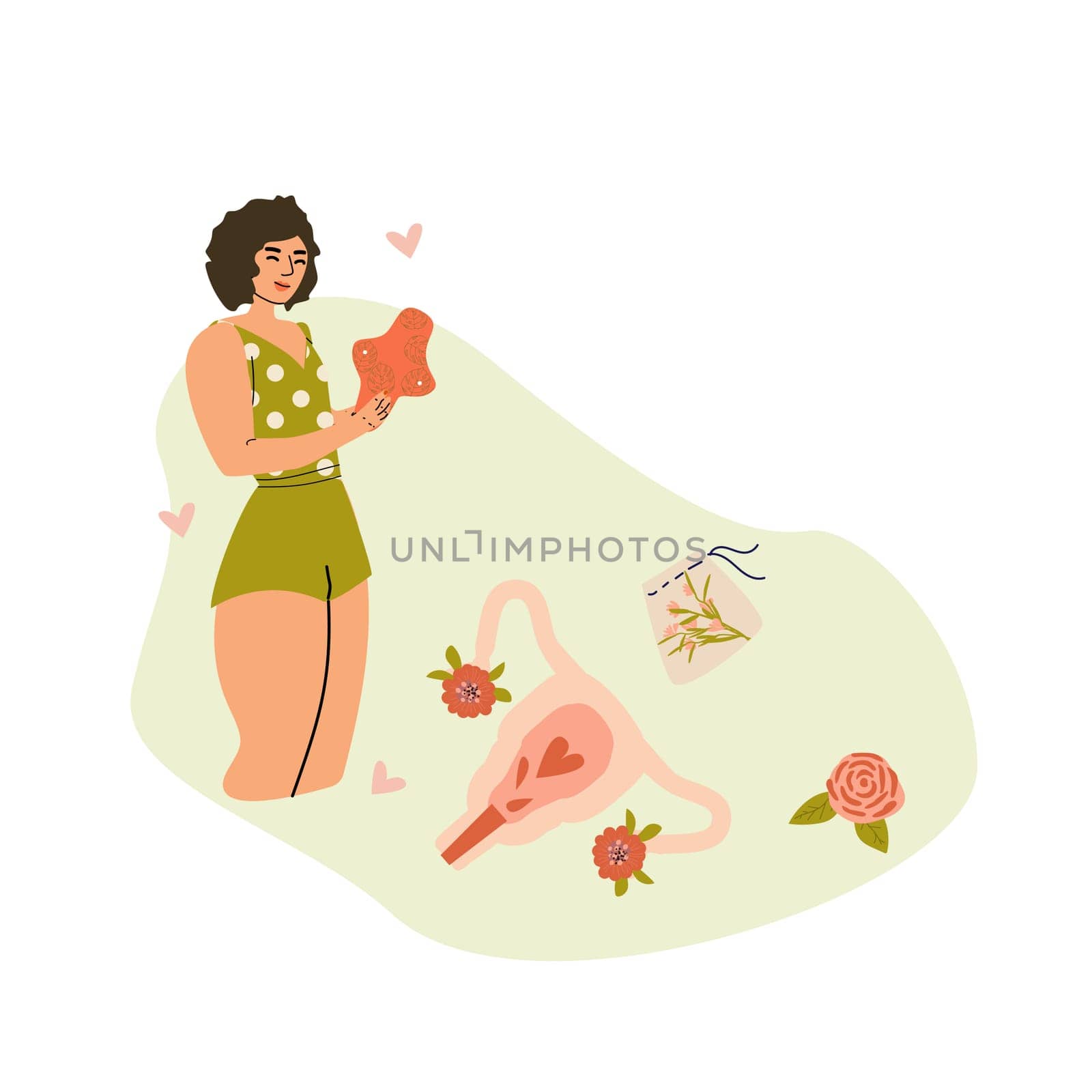 Female healthy care concept in periods. Vector illustration of reproductive system and reusable pad with woman with floral elements.